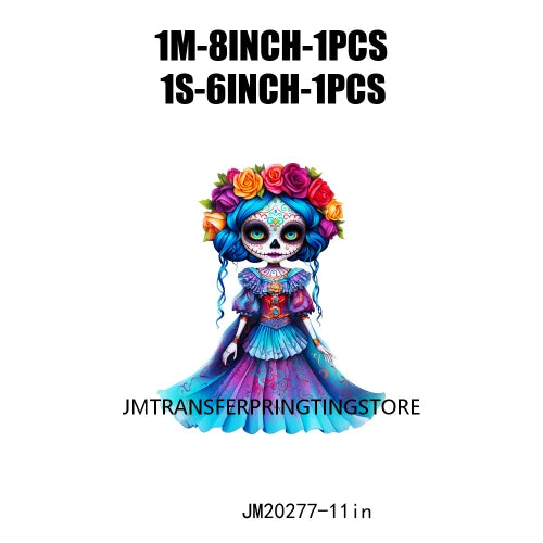 Cute Doll La Catrina Day Of The Dead Sugar Skull Mexican Halloween Iron On DTF Transfer Stickers Ready To Press For Hoodies Bags