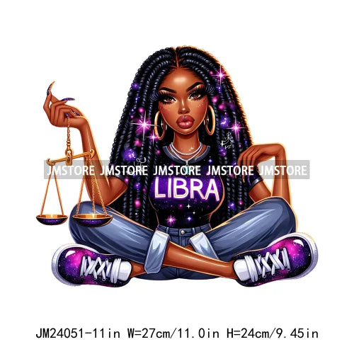 Hip Hop Afro Girl Zodiac Horoscope Signs Astrology Mystical Black Women Iron On DTF Heat Press Transfer Stickers For Clothing