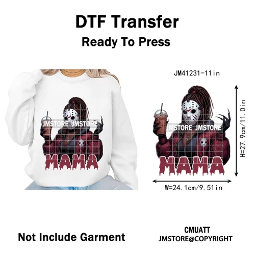 Black Girls Coffee Drinking Halloween Scary Movie Killer Mama Iron on Washable DTF Transfers Stickers Ready to Press for Clothes