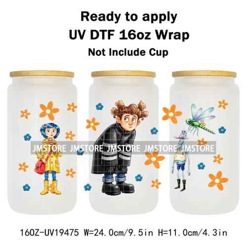 Horror Movie Witchy Girl Black Cat UV DTF Wraps Transfer Sticker Selfadhesive Waterproof High Quality For 16OZ Libbey Glass Can