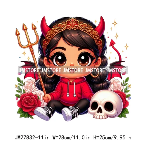 Chibi Cute Halloween Devil Latina Baby Hispanic Girls Skull Red Rose DTF Iron On Transfer Stickers Ready To Press For Sweatshirt