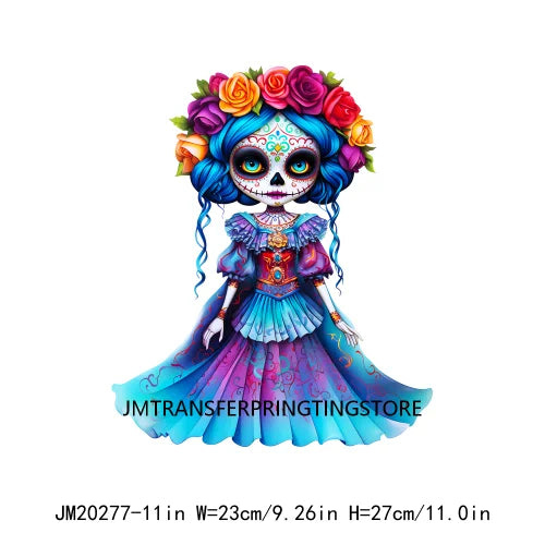 Cute Doll La Catrina Day Of The Dead Sugar Skull Mexican Halloween Iron On DTF Transfer Stickers Ready To Press For Hoodies Bags