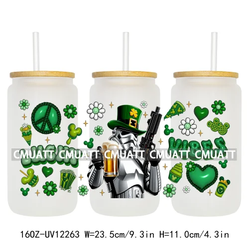 Happy St Patricks Cartoon Princess Characters Feeling Lucky Four Leaf Clover 16OZ UV DTF Cup Wrap Sticker For Libbey Glass Can