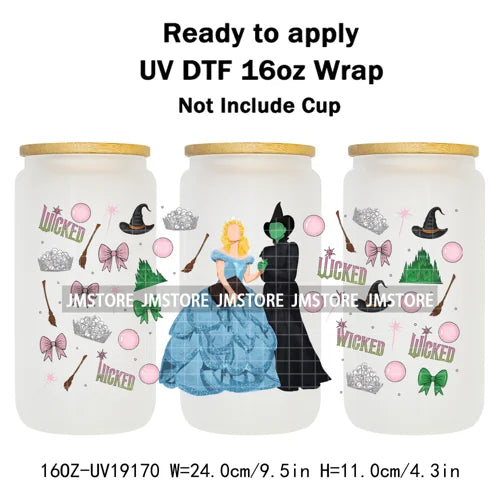 Coquette Green Pink Wicked Witch 16OZ UV DTF Cup Wraps Ready To Apply Waterproof Transfer Stickers For Libbey Glass Can Tumbler