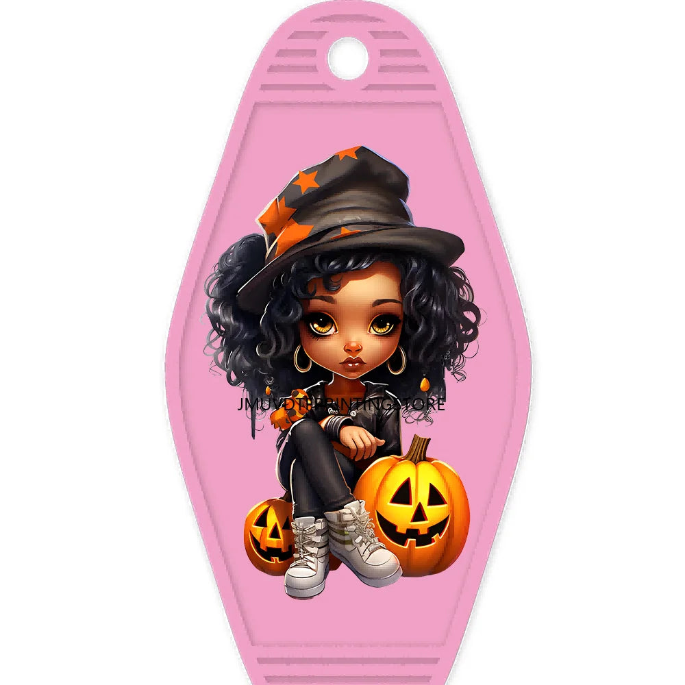 Halloween Pumpkin Cute Afro Girls High Quality WaterProof UV DTF Sticker For Motel Hotel Keychain Festival Gifts