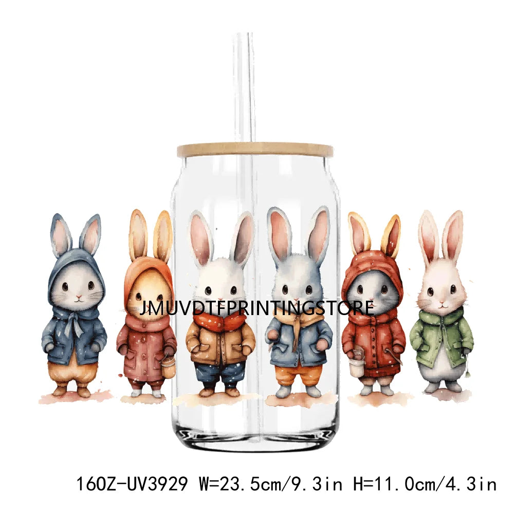 Cute Easter Bunny Rabbit With Flower 16OZ UV DTF Cup Wrap Transfer Sticker Custom Label DIY Waterproof Logo For Libbey Glass Can