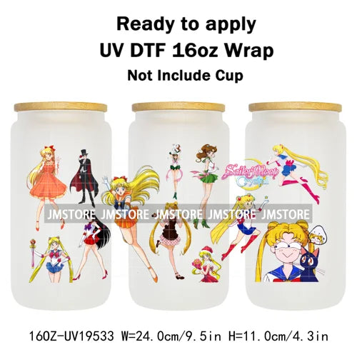 Sailor Girls Inspired Anime Fan Cartoon Characters UV DTF Transfer Sticker Cup Tumbler Wrap For 16OZ Libbey Glass Wraps Bottle