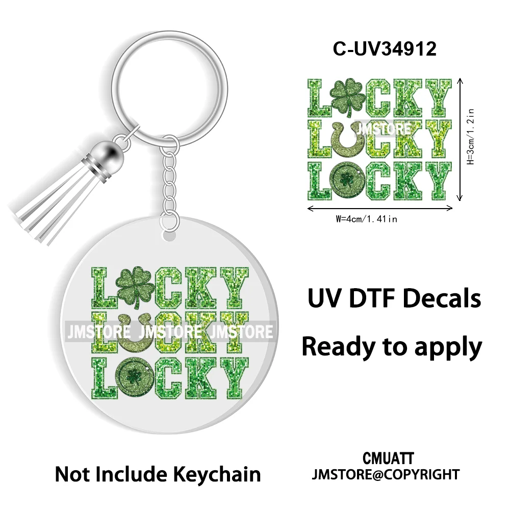 Sparkly Faux Sequin St Patricks Day Coquette Glitter Lucky Charm WaterProof UV DTF Sticker For Round Circle Keychain Keyring