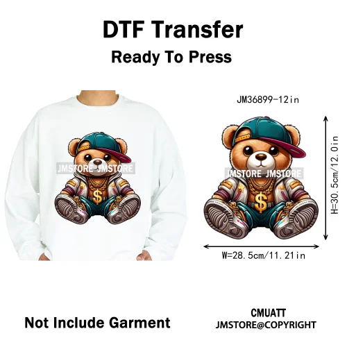 12in Colorful Graffiti Urban Stree Vibes Fearless Gangster Bear Washable Iron on DTF Transfer Sticker Ready to Press for Clothes
