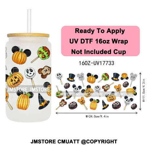 Halloween Cupcake Cartoon Character Ghost 16OZ UV DTF Cup Wraps Ready To Apply Waterproof Transfer Stickers For Libbey Glass Can