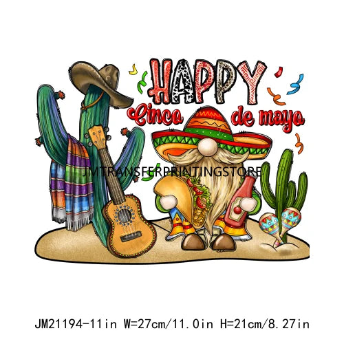 New Let's Fiesta Mexican Happy Cinco De Mayo Iron On DTF Stickers Sombrero Hat Cactus Fiesta Squad Transfer Printing For Hoodies