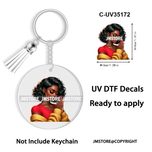 Christian Jesus God Pray Afro Girl UV DTF Decal Round Keychain Ready To Apply WaterProof Transfer Stickers For Circle Keychain