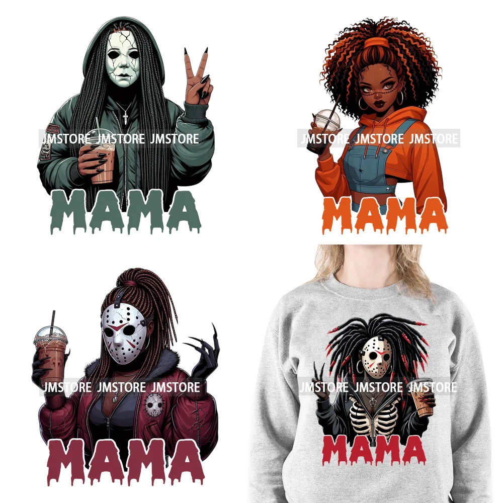 Black Girls Coffee Drinking Halloween Scary Movie Killer Mama Iron on Washable DTF Transfers Stickers Ready to Press for Clothes