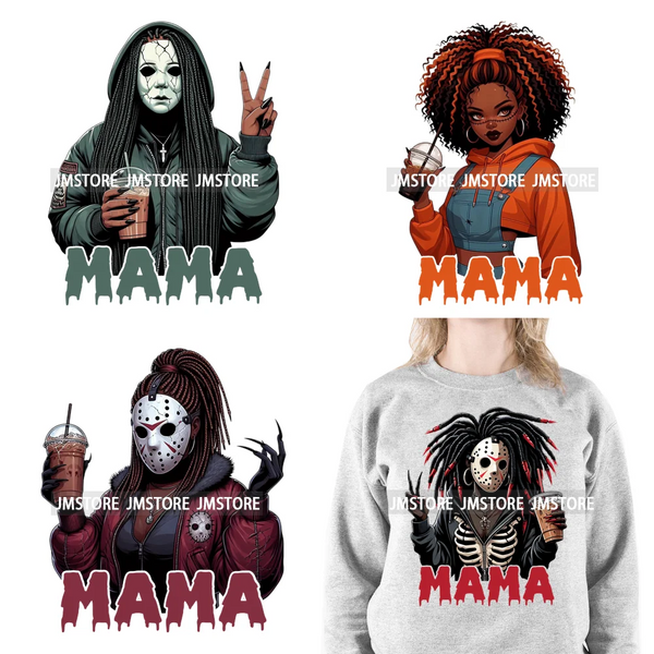 Black Girls Coffee Drinking Halloween Scary Movie Killer Mama Iron on Washable DTF Transfers Stickers Ready to Press for Clothes