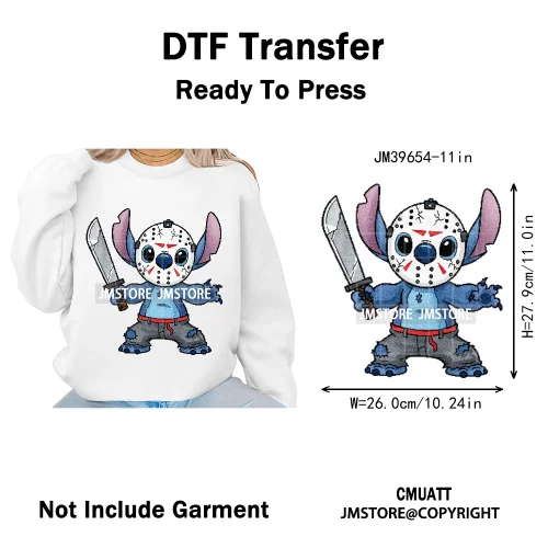 Spooky Scary Cute Cartoon Blue Animal Halloween Horror Vibes Iron on DTF Washable Transfers Stickers Ready to Press for Clothing