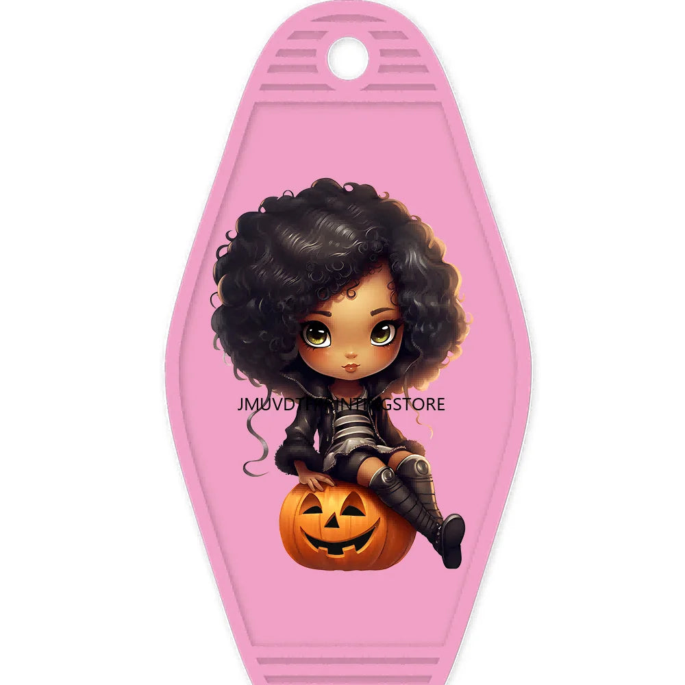 Halloween Pumpkin Cute Afro Girls High Quality WaterProof UV DTF Sticker For Motel Hotel Keychain Festival Gifts