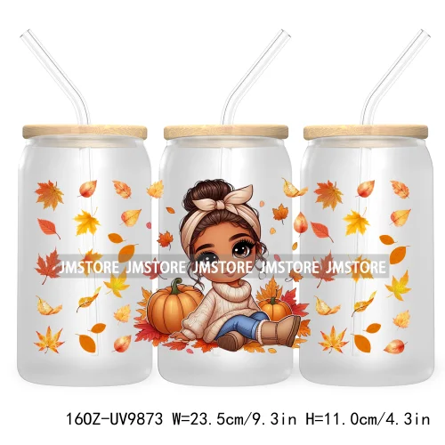 Mexican Latina Chibi Autumn Baby Girl UV DTF Sticker For 16OZ Libbey Glass Cup Can Wrap Transfer Stickers Custom Labels DIY Logo