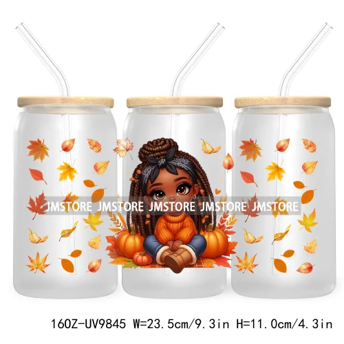 Afro African Girl 16OZ UV Cup Wrap DTF Transfer Stickers For Libbey Glass Can Cups Tumbler Fall Season Autumn Waterproof Labels