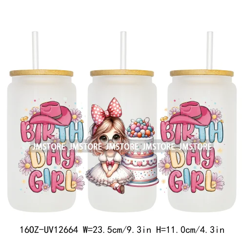 Unicorn Birthday Girl Gifts Coquette Bow Girly Princess 16OZ UV DTF Cup Wrap Transfer Stickers Waterproof For Libbey Glass Can