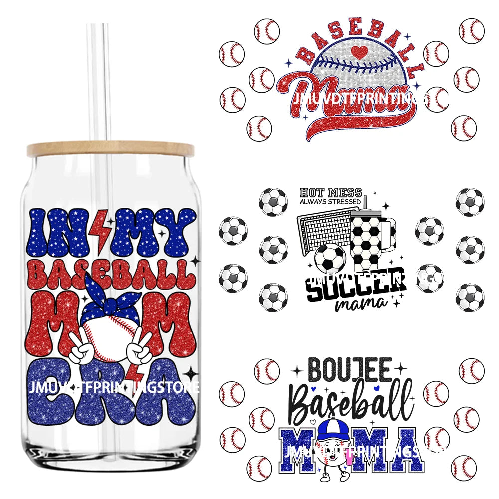 Glitter Boujee Baseball Mama UV DTF Sticker For 16OZ Libbey Glass Cup Can Wrap Transfer Sticker Custom DIY Logo Soccer Sport Mom