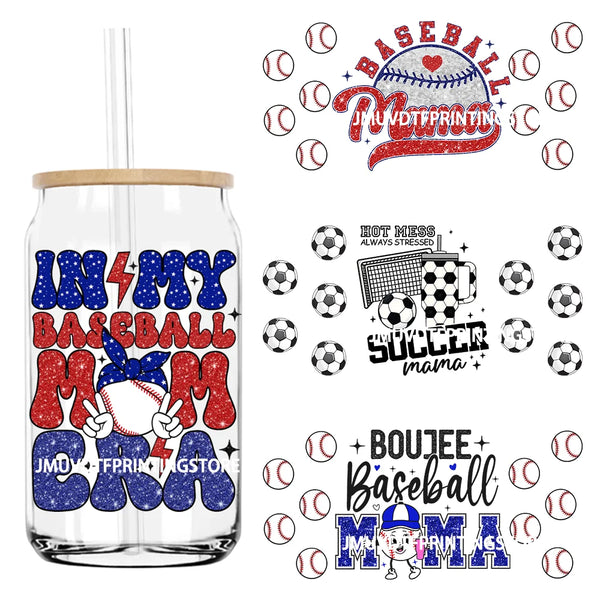 Glitter Boujee Baseball Mama UV DTF Sticker For 16OZ Libbey Glass Cup Can Wrap Transfer Sticker Custom DIY Logo Soccer Sport Mom