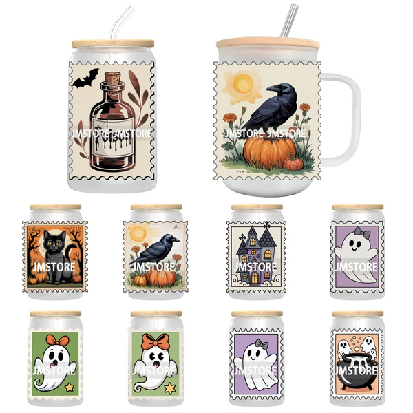 Girly Halloween Ghost Postage Stamp UV DTF Transfer Stickers Decals Ready To Apply Waterproof For 16OZ Libbey Glass Can Tumbler