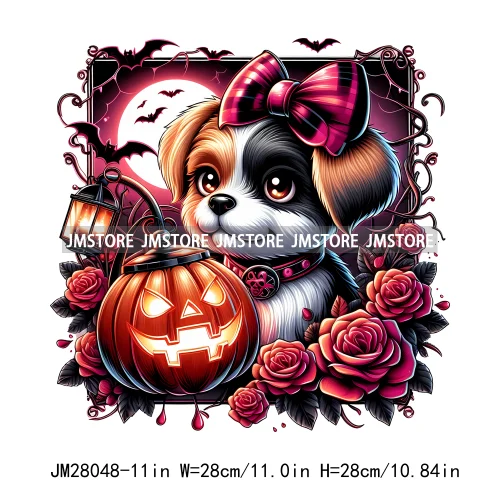 Cute Animals Skull Red Rose Pumpkin Halloween Spooky Vibes Design Logo Iron On DTF Transfer Stickers Ready To Press For Clothing