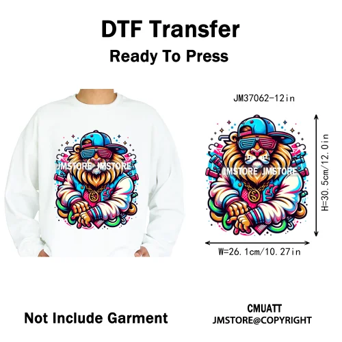 12in Urban Gangster Rich Money Lion Beats Shark Vibes Iron on DTF Thermal Transfers Stickers Ready to Press for T-shirts Bags