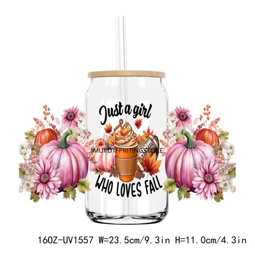 Fall Autumn Pumpkin Flower 16OZ UV DTF Cup Wrap Transfer Stickers Custom Labels DIY Durable Waterproof Logo For Libbey Glass Can