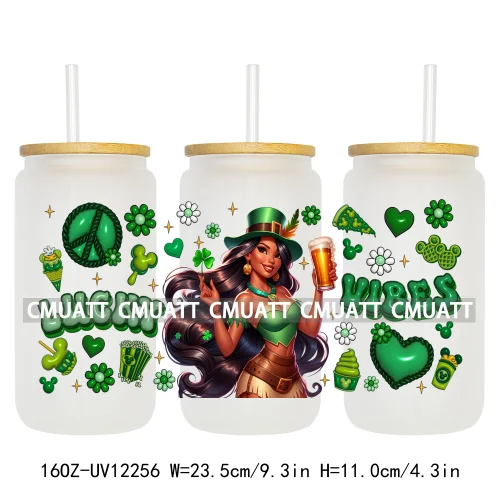 Happy St Patricks Cartoon Princess Characters Feeling Lucky Four Leaf Clover 16OZ UV DTF Cup Wrap Sticker For Libbey Glass Can