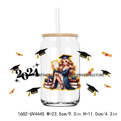 Chicano Graduation 2024 UV DTF Sticker For 16OZ Libbey Glass Cup Can Senior Girls Wrap Transfer Sticker Custom Labels DIY Logo