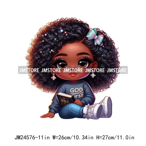 Cute God First Chibi Black Baby Girl Afro Magic Kids Coffee Woman Iron On DTF Transfer Stickers Ready To Press For Clothes Bags