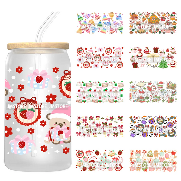 Cute Christmas Ghost Coquette Strawberry Cake UV DTF Stickers Ready To Transfer Cup Wrap Waterproof Logo For Libbey Can Glass