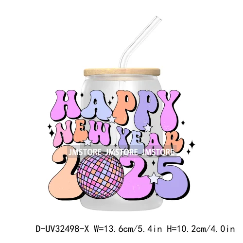 Retro Happy New Year 2025 Coquette Bow UV DTF Transfer Stickers Decals For Libbey Cold Cups Mugs Tumbler Waterproof Custom Logo