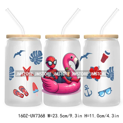 Hero Cartoon Summer Vacation 16OZ UV DTF Cup Wrap Transfers Stickers Custom Labels Durable Waterproof Logo For Libbey Glass Can