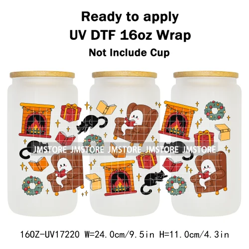 Cute Christmas Ghost Coquette Strawberry Cake UV DTF Stickers Ready To Transfer Cup Wrap Waterproof Logo For Libbey Can Glass