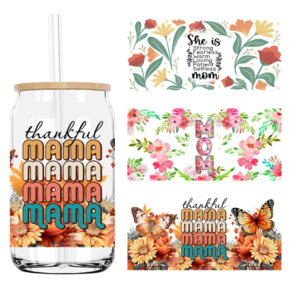 Thankful Mama With Sunflowers 16OZ UV DTF Cup Wrap Transfers Stickers Custom Labels DIY Waterproof Logo For Libbey Glass Can