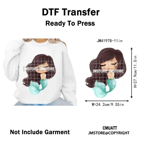 Cute Winter Christmas Girls Baby Mermaid Kids Cartoon Character Iron on DTF Washable Transfers Stickers Ready to Press for Texti