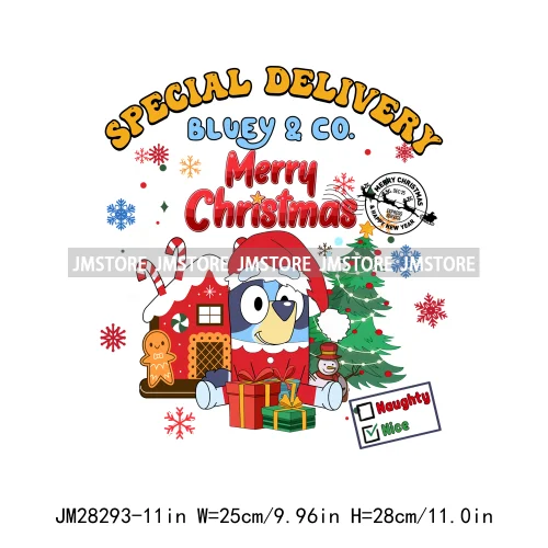 Cute Cartoon Blue Dog Family Character Merry Christmas Vibes Decals Iron On DTF Transfers Stickers Ready To Press For Sweatshirt