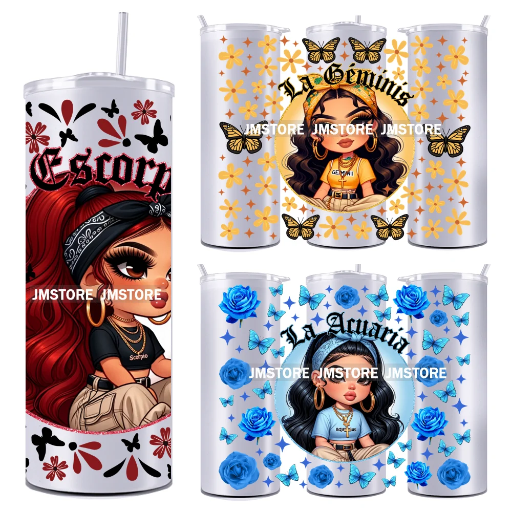 Latina Zodiac Girl Butterfly 20OZ Straight Skinny Tumbler Wrap Ready To Apply UV DTF Transfer Stickers Custom Prints For Tumbler