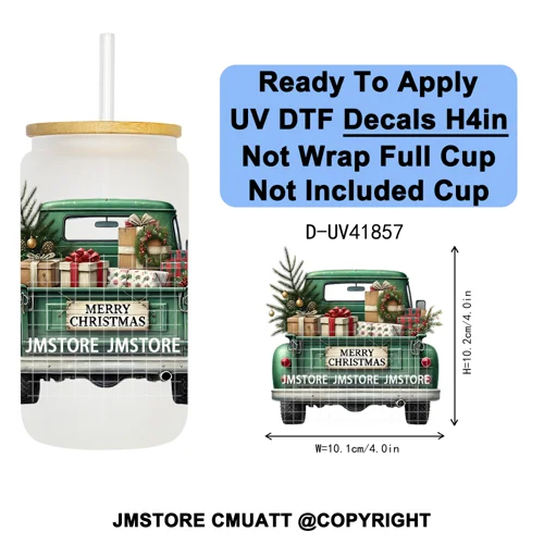 Watercolor Christmas Farm Truck Xmas Gifts UV DTF Transfer Stickers Decals Ready To Apply Waterproof For 16OZ Libbey Glass Can