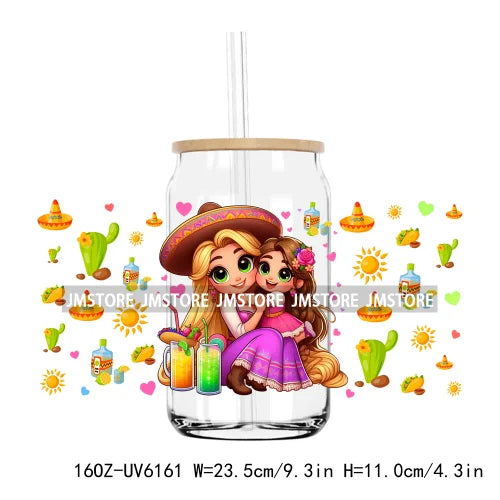 Cartoon Princess Cinco De Mayo Mexican UV DTF Sticker For 16OZ Libbey Glass Cup Can Wrap Transfer Stickers Custom Label DIY Logo