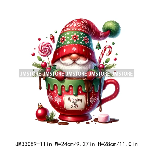 Funny Hot Cocoa Cup Festive Gnomes Wishes Candy Merry Christmas Iron On DTF Transfers Stickers Ready To Press For Sweatshirts