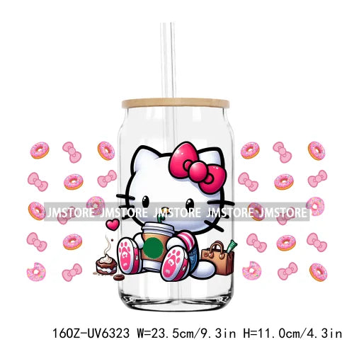 Cute Cartoon Cat Strawberry 16OZ UV DTF Cup Wrap Transfers Stickers Custom Labels Durable Waterproof Logo For Libbey Glass Can