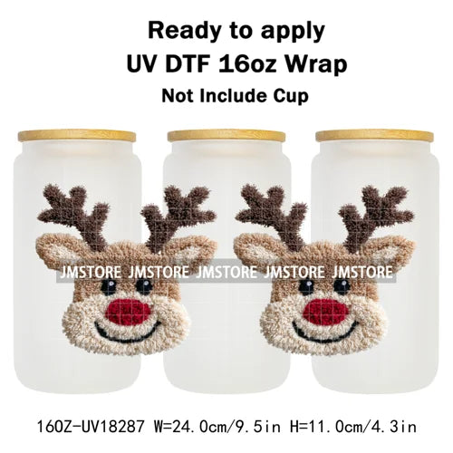 Faux Yarn Christmas Reindeer UV DTF Cup Wrap Ready To Apply Transfer Stickers Durable 16OZ Tumbler Wraps For Libbey Glass Can