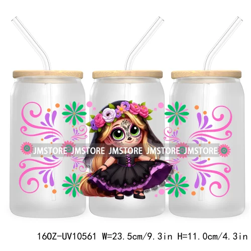 Dia De Los Muertos Mexican UV DTF Sticker For 16OZ Libbey Glass Cup Can Wrap Transfer Stickers Hispanic Halloween Sugar Skulls