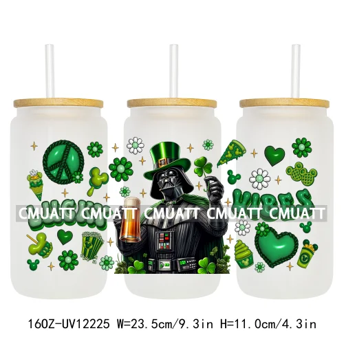 Cartoon Princess Girls St Patricks' Day Lucky Vibes 16OZ UV DTF Cup Transfer Wrap Sticker Waterproof Logos For Libbey Glass Can