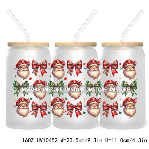 Merry Mama Social Club UV DTF Cup Wraps Transfers Sticker For 16OZ Libbey Glass Can Holiday Christmas Santa Tree Coquette Bow