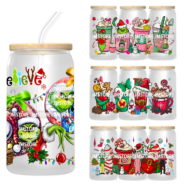 Funny Christmas Green Baby Character UV DTF Sticker For 16OZ Libbey Glass Cup Can Wrap Transfer Stickers Custom Labels DIY Logo