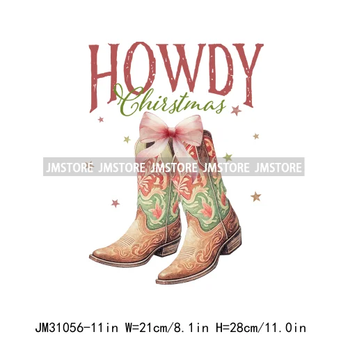 Funny Retro Western Merry Bright Country Christmas Cowgirl Howdy Tree Iron On DTF Transfers Stickers Ready To Press For Hoodies